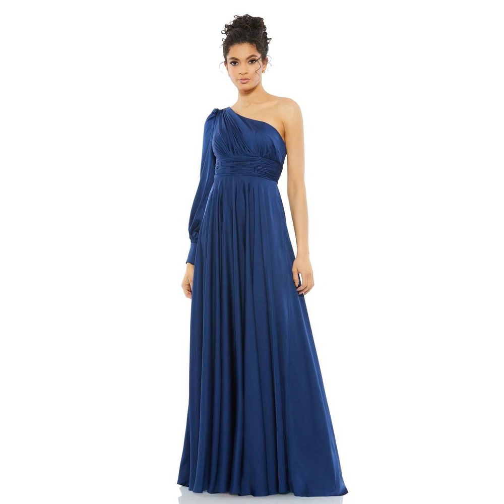 Mac Duggal Gown Womens 0 Blue One Shoulder Pleated Satin Formal Dress 67866